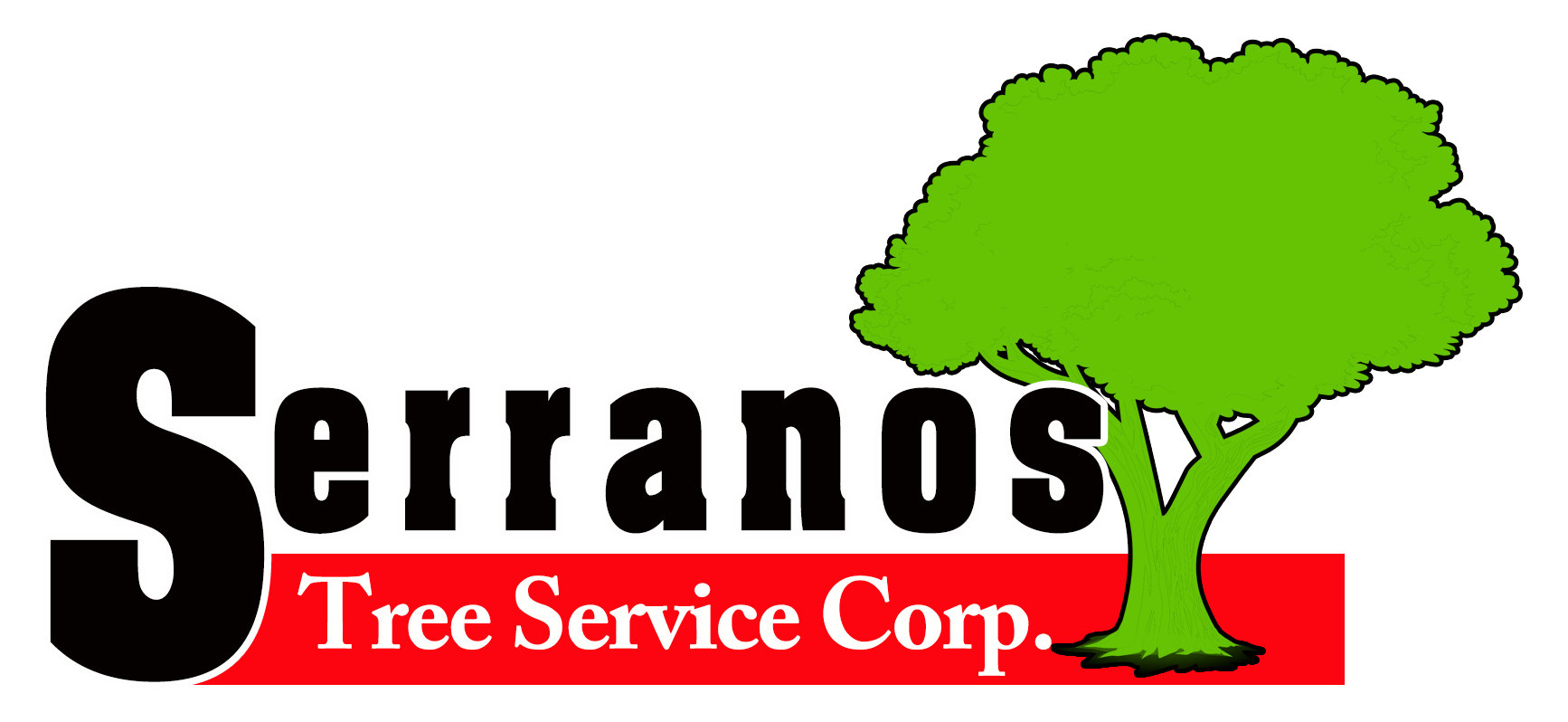 Serranos Tree Service Corp. logo with black text, a green tree, and a red rectangle.