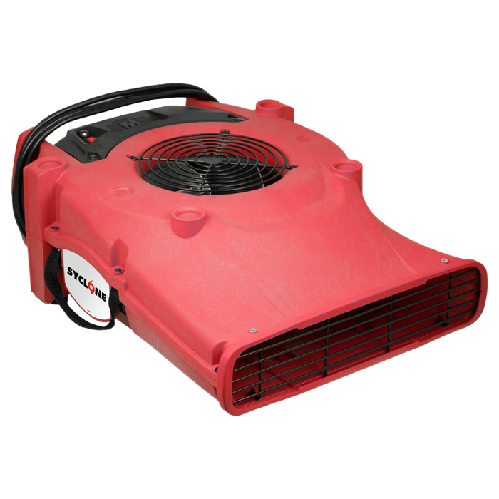 Red Cyclone air mover fan. Black fan blades and handle, for drying.