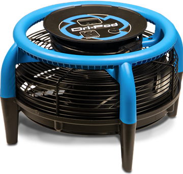 Blue and black Dri-Pad fan with a circular design, black power cord, and a carrying handle.