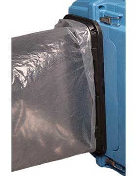 Blue box with a black frame and clear plastic bag attached.