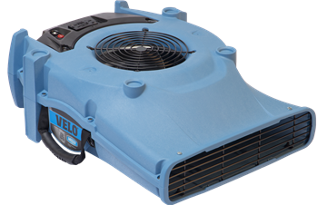 Blue air mover fan for drying. Black controls and fan guard.