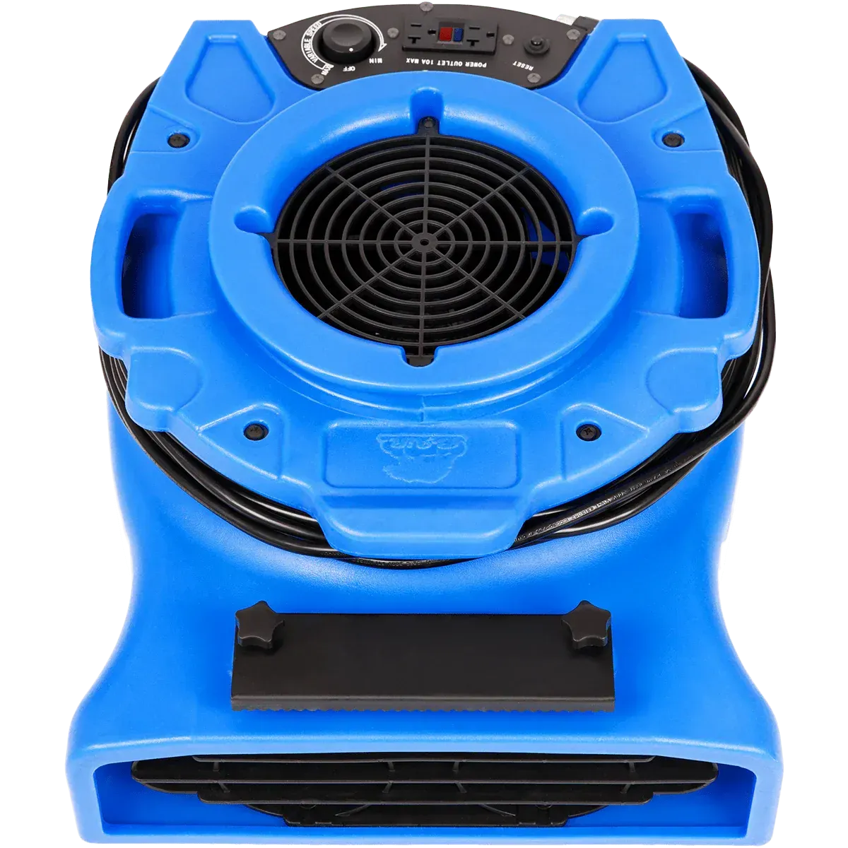 Blue air mover with a black fan and controls.