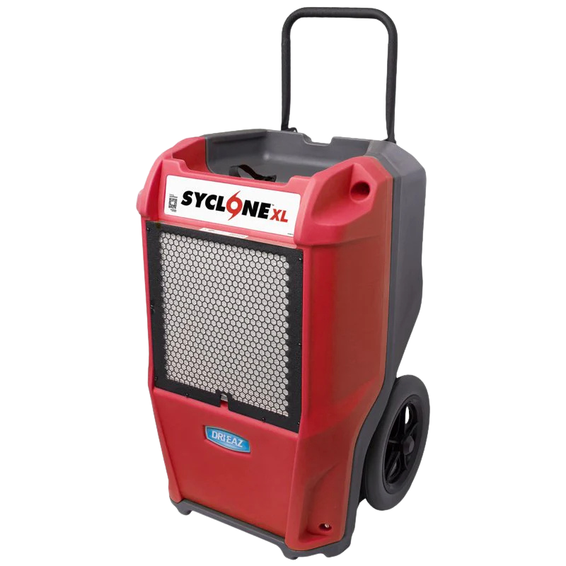 Red and gray Syclone XL dehumidifier on wheels, with a black handle.