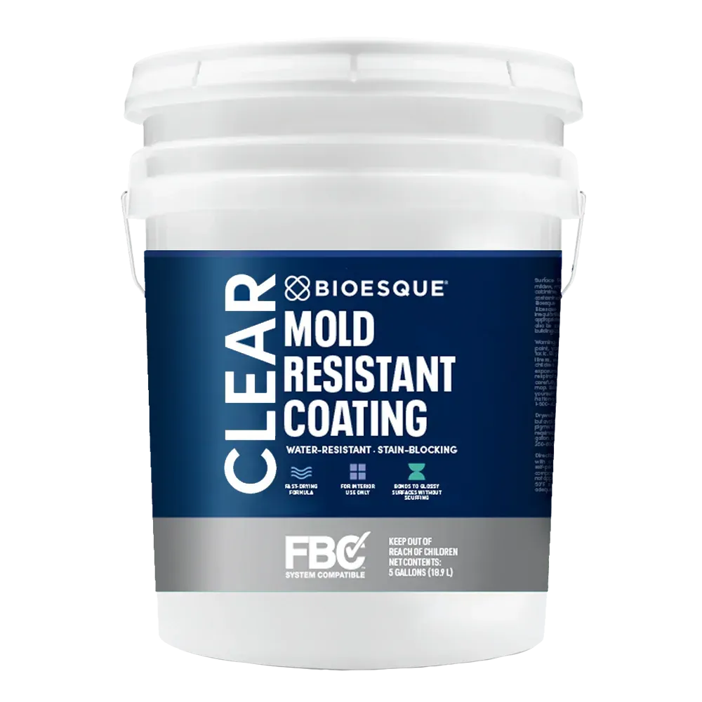 A white bucket of Bioesque clear mold-resistant coating. It has a blue label with white text.