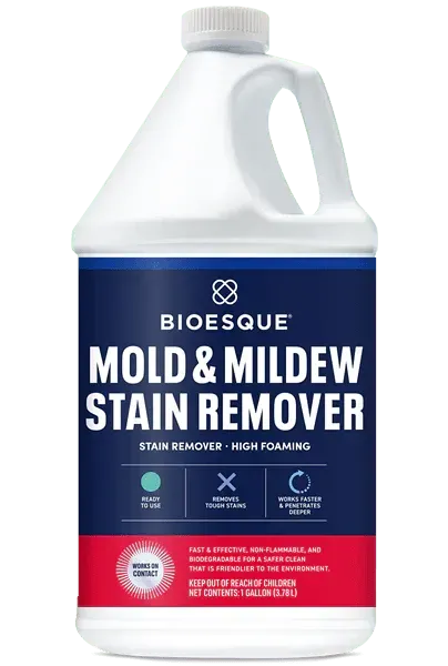 White jug of Bioesque Mold & Mildew Stain Remover with a dark blue label and red stripe.