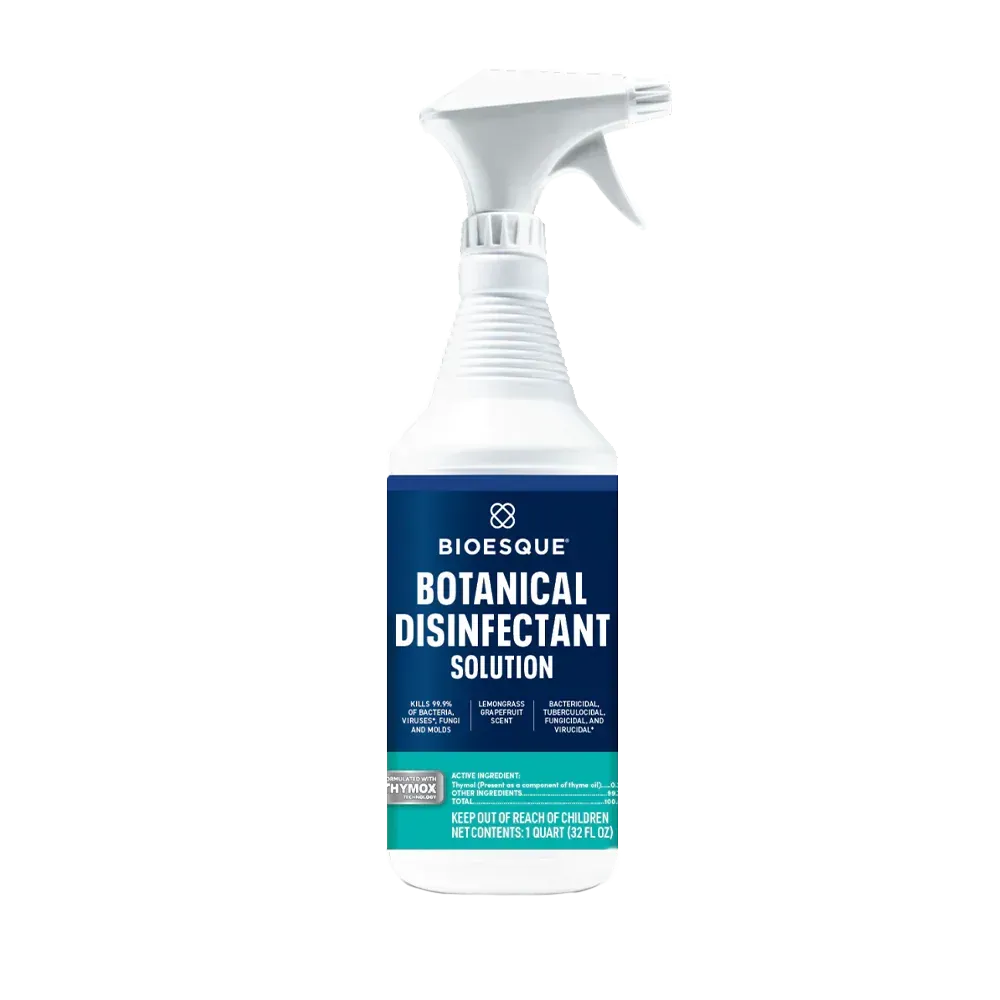 Biosque Botanical Disinfectant spray bottle on white background with blue and white label.