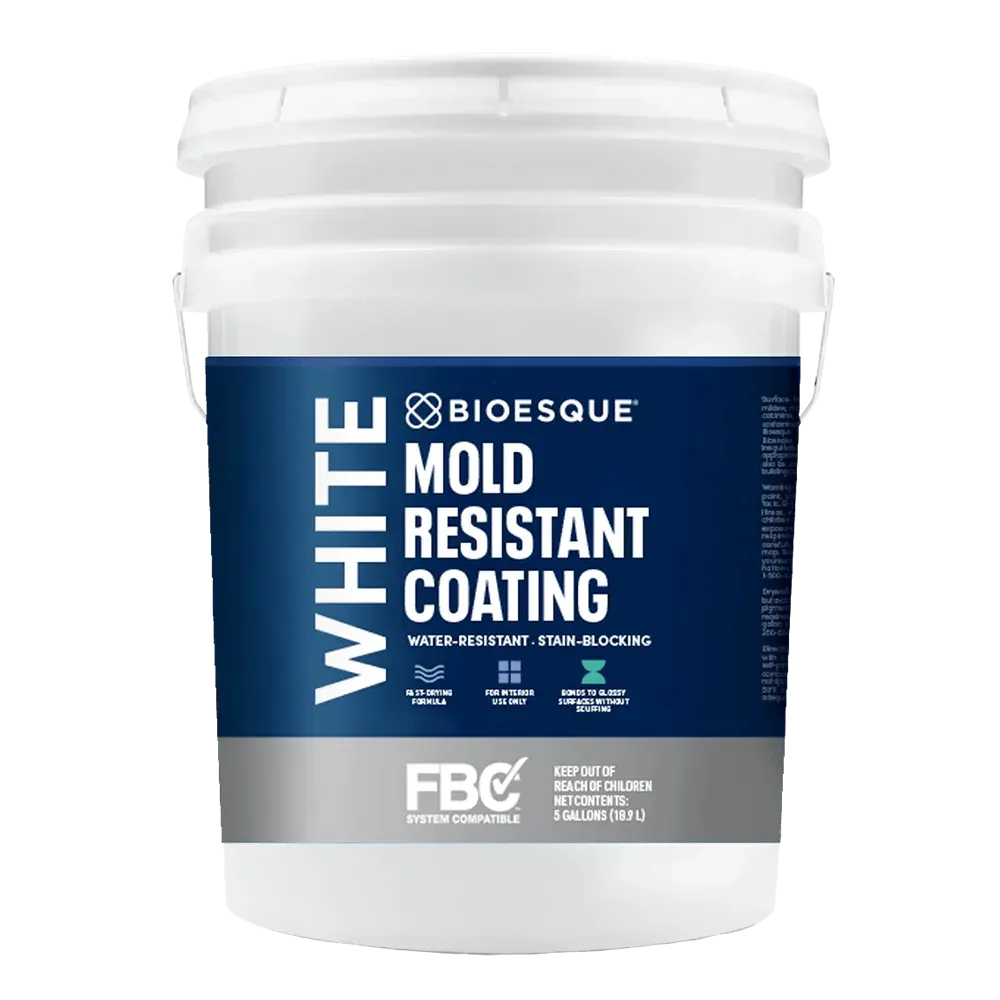 White bucket of mold-resistant coating by Bioesque. Features a blue label, says 