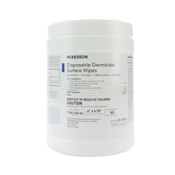 White container of McKesson disposable germicidal surface wipes.