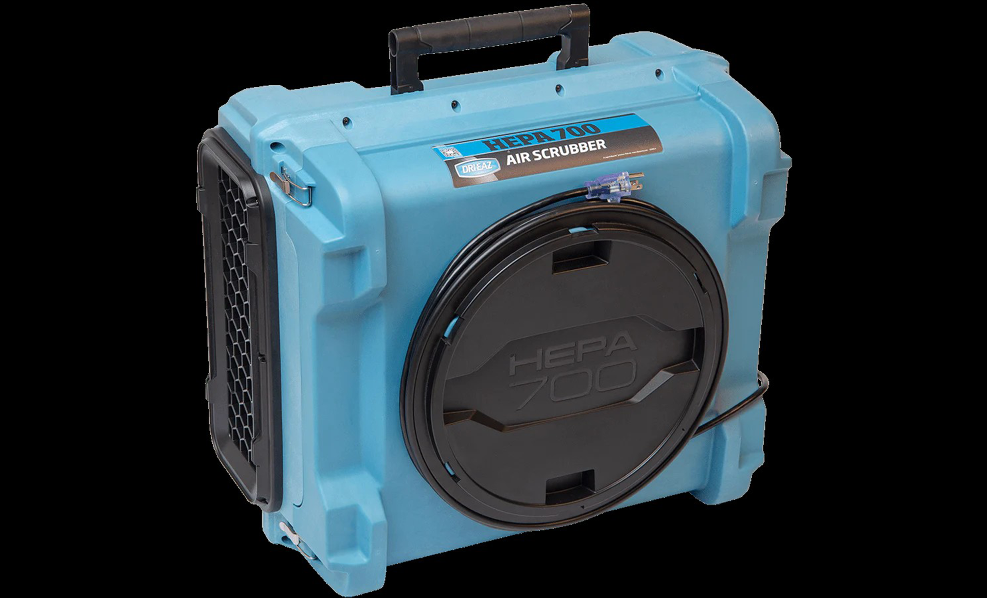 Blue air scrubber with a black handle and filter cover.