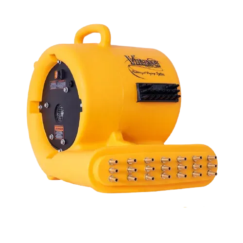 Yellow air mover with handle and multiple vents.