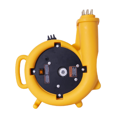 Yellow air blower with a handle, nozzle, and three legs against a white background.