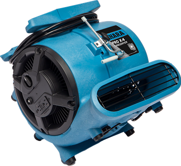 Blue Sahara X4 air mover fan with a black intake grill and outlet.