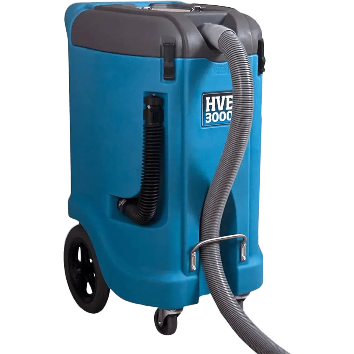Blue and gray industrial vacuum cleaner with wheels.
