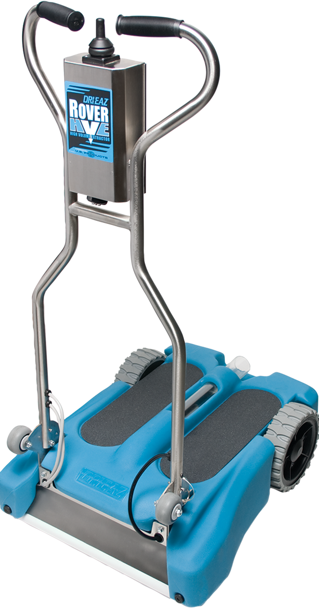 Blue and gray robotic pool cleaner with metal handle and wheels.