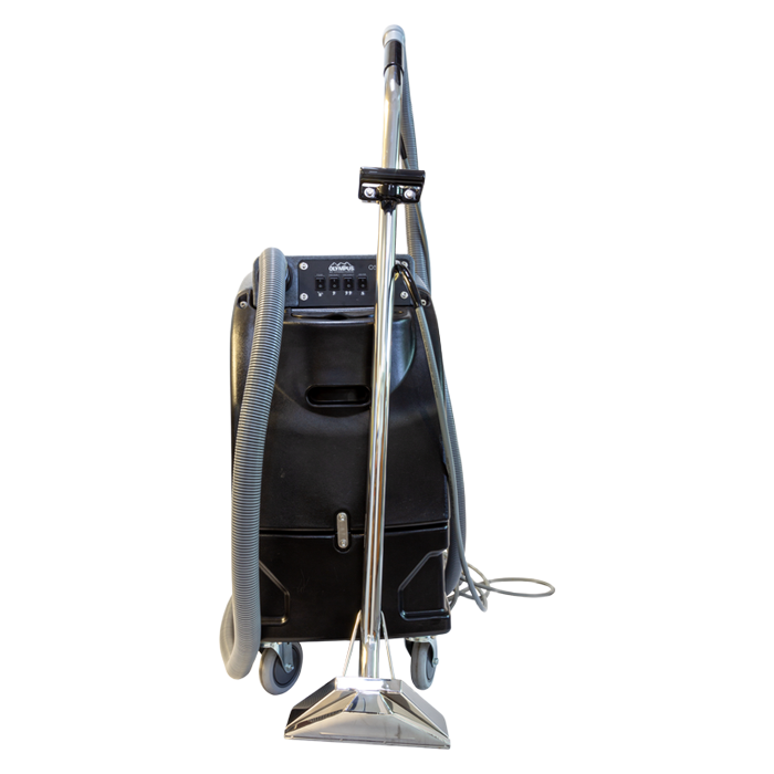 Black carpet cleaning machine with a metal wand and nozzle, on wheels.