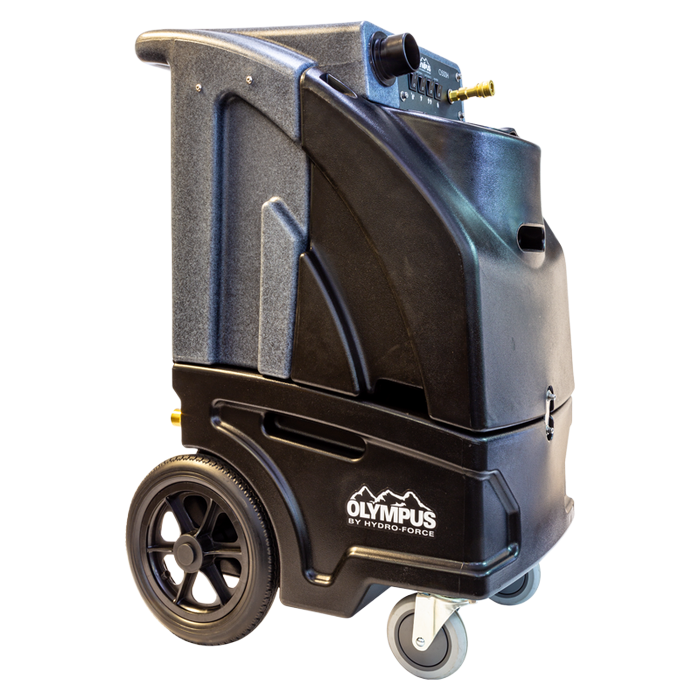 Black Olympus carpet cleaner with wheels.