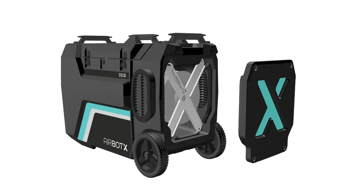 Black and teal portable power station with detached cover, 