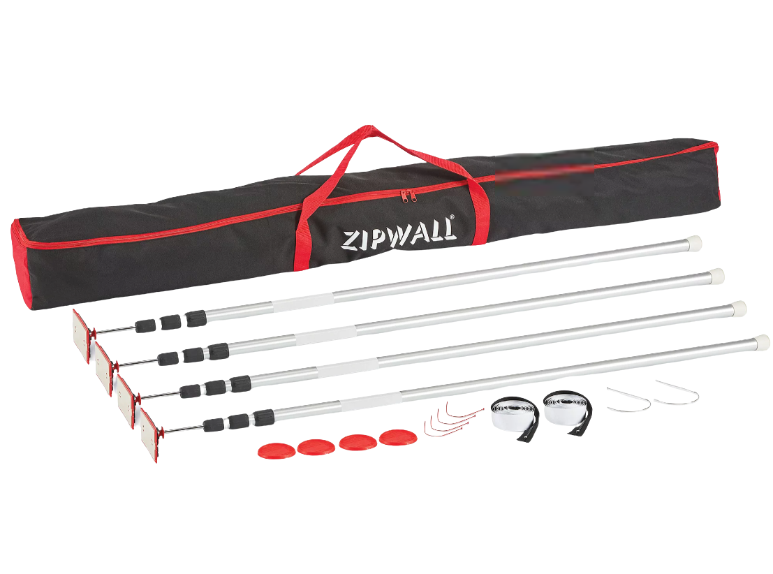 ZipWall dust barrier system with poles, accessories, and a carrying bag.