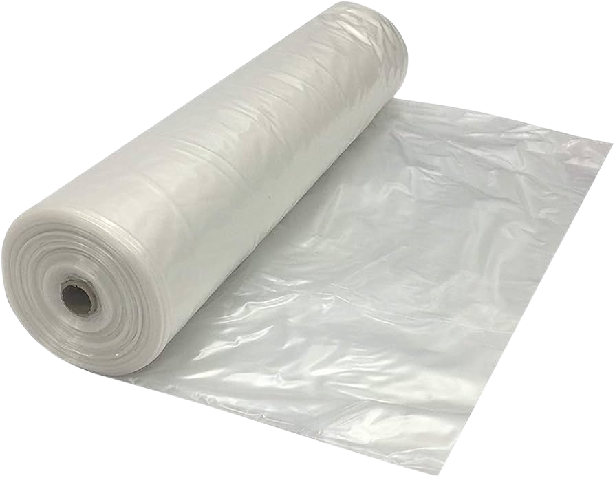 Roll of white plastic sheeting unrolled on a surface.