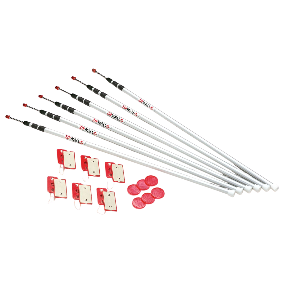 Set of six white aluminum poles, red markers, and several red and white boxes on white background.
