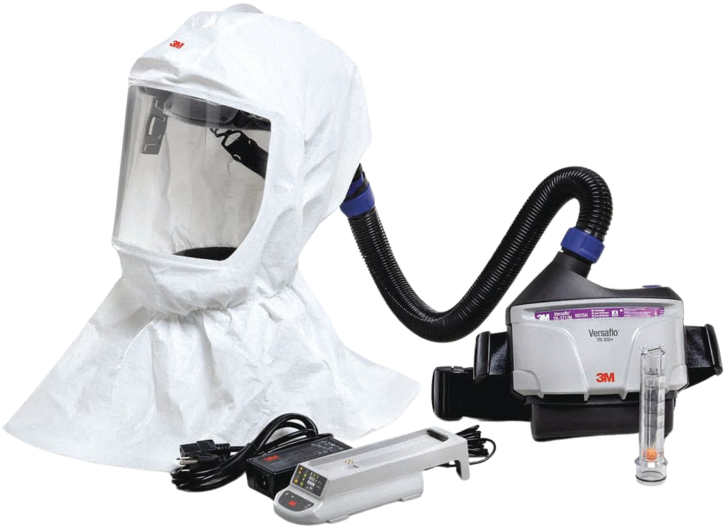 White respirator hood connected to a portable air-purifying respirator with a battery charger.