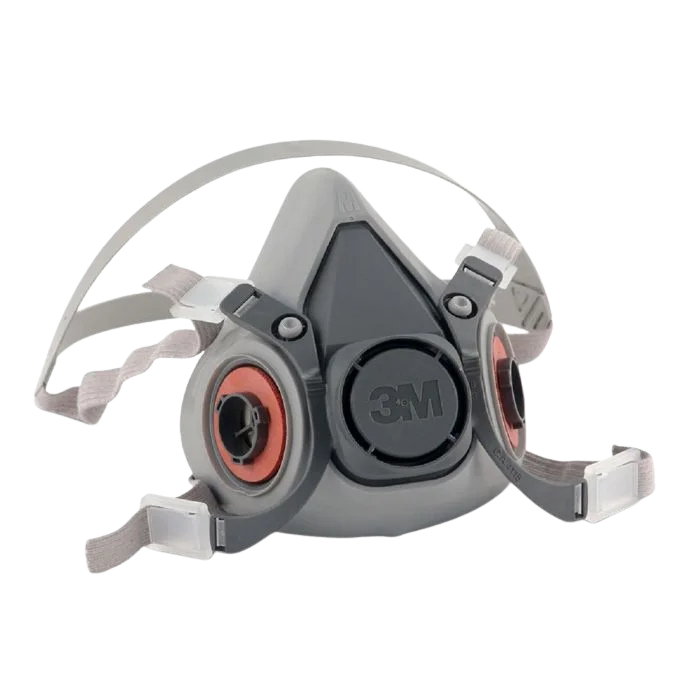 Gray 3M half-face respirator with adjustable straps and filter attachments.
