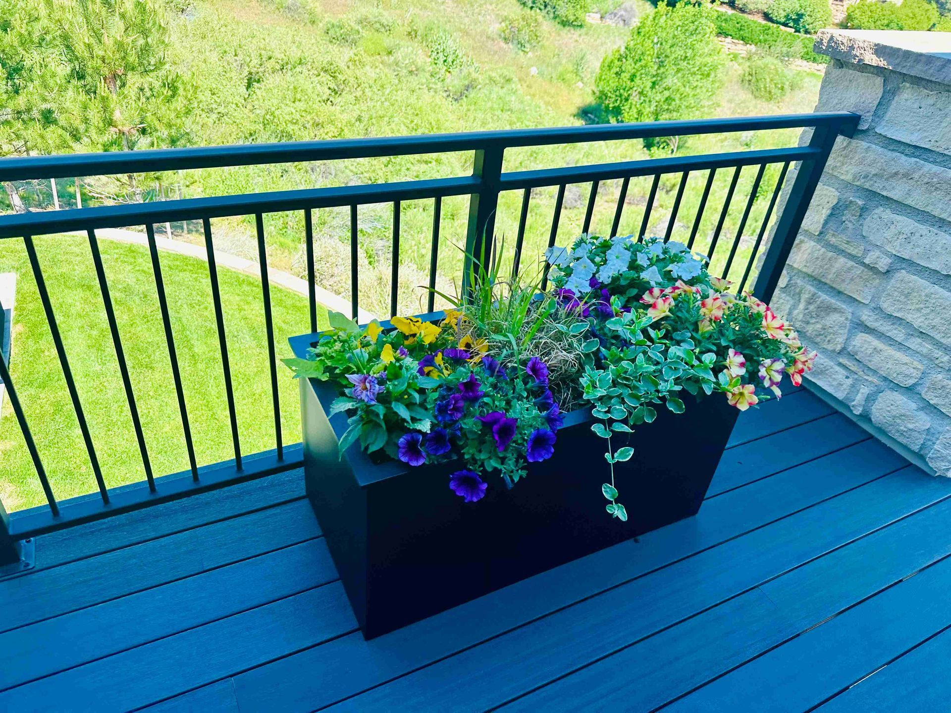 Black planter with colorful flowers on a blue deck beside a black railing and green lawn