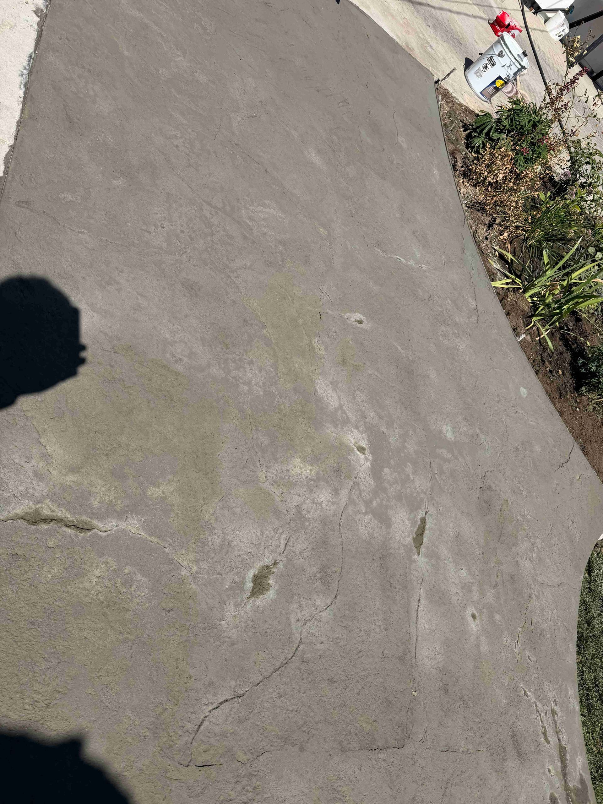 Cracked concrete sidewalk with a shadow on the left and a curb with plants on the right.