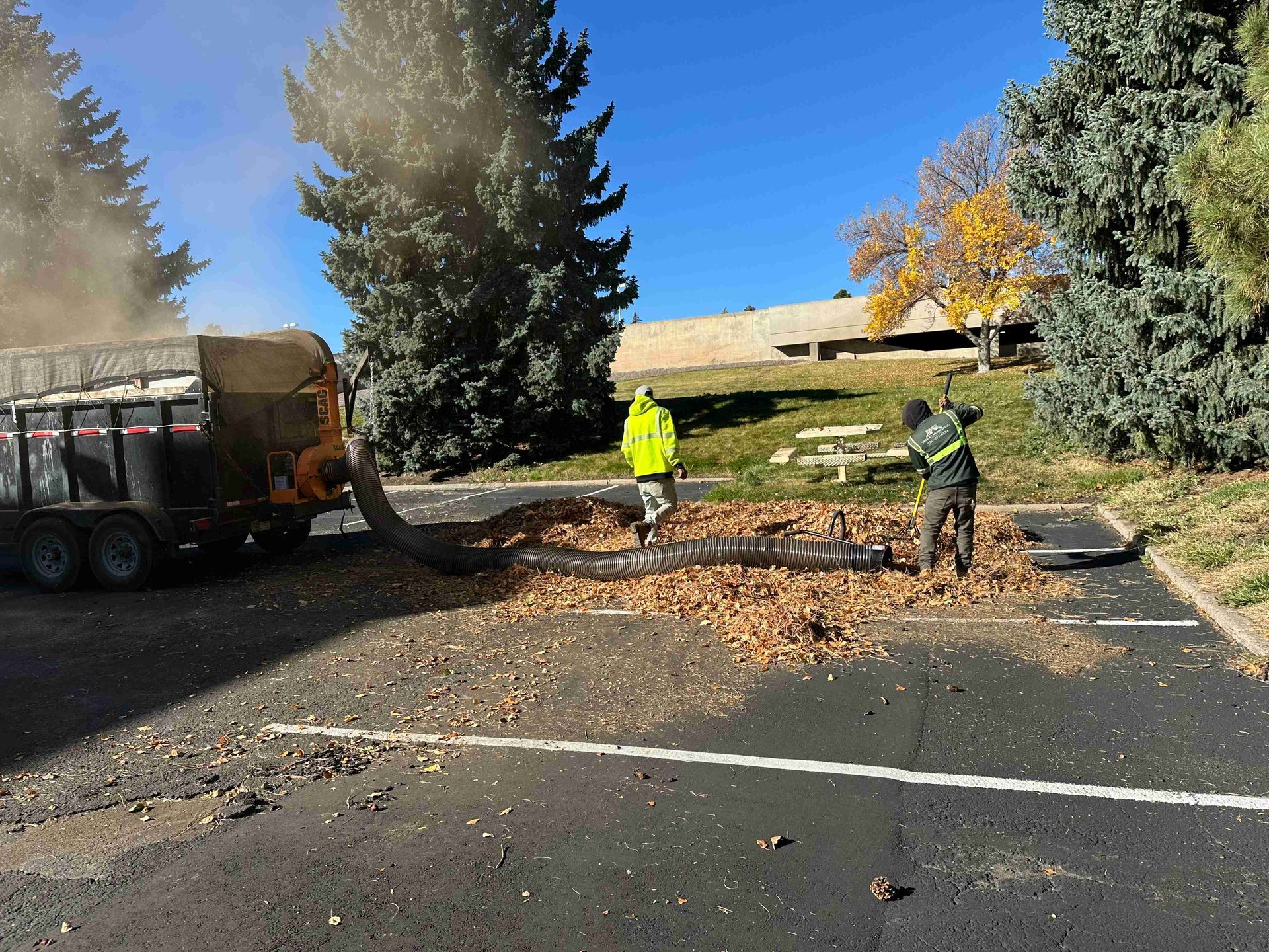 Workers in neon vests clear leaves from a street with a truck and leaf blower by homes