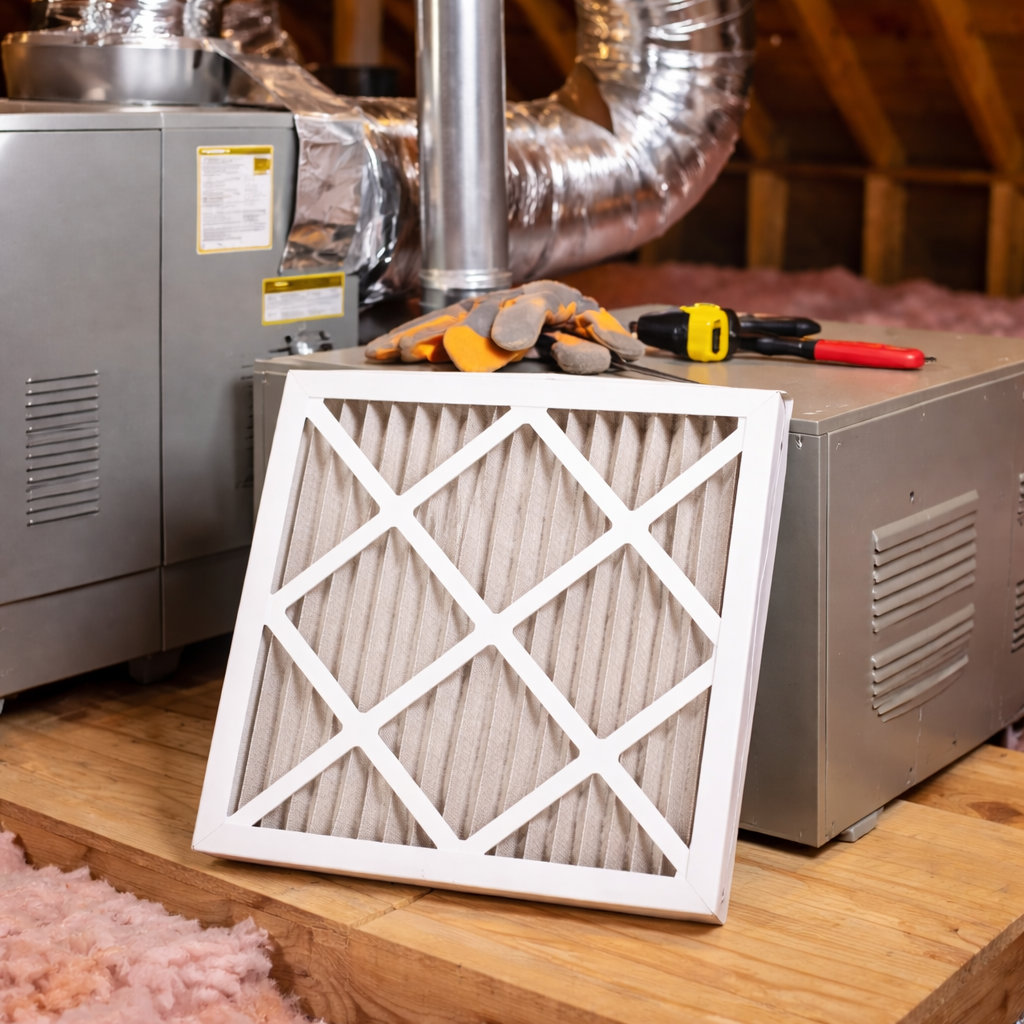 A metallic air conditioning unit with a holographic business sticker featuring a cartoon mascot, text, and a QR code.