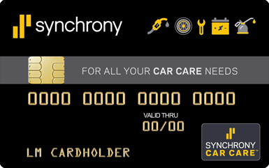 Synchrony car care credit card with black background and gold accents