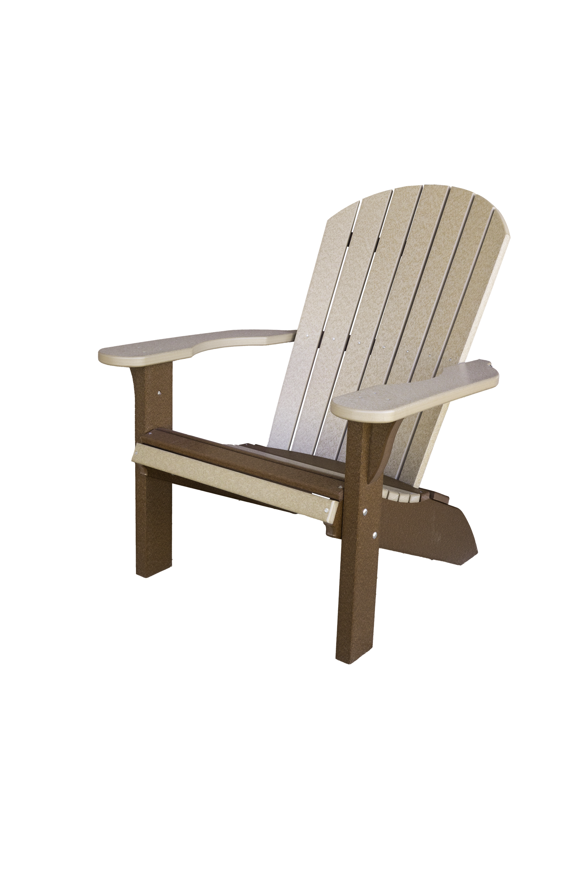 Recycled plastic Leisure Adirondack chair in Weatherwood and Chocolate Brown on a patio in Lewisburg, Pennsylvania.