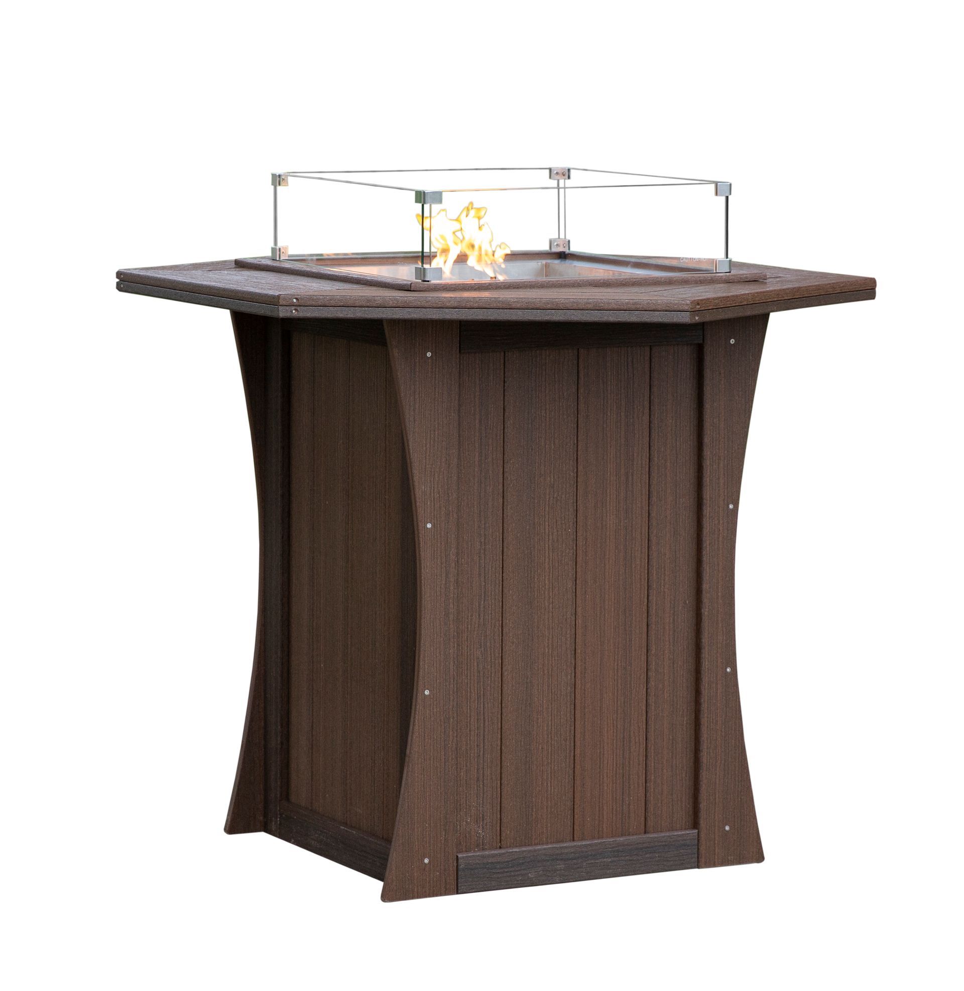 Leisure bar-height square-top fire table built from weather-resistant recycled plastic for outdoor enjoyment.