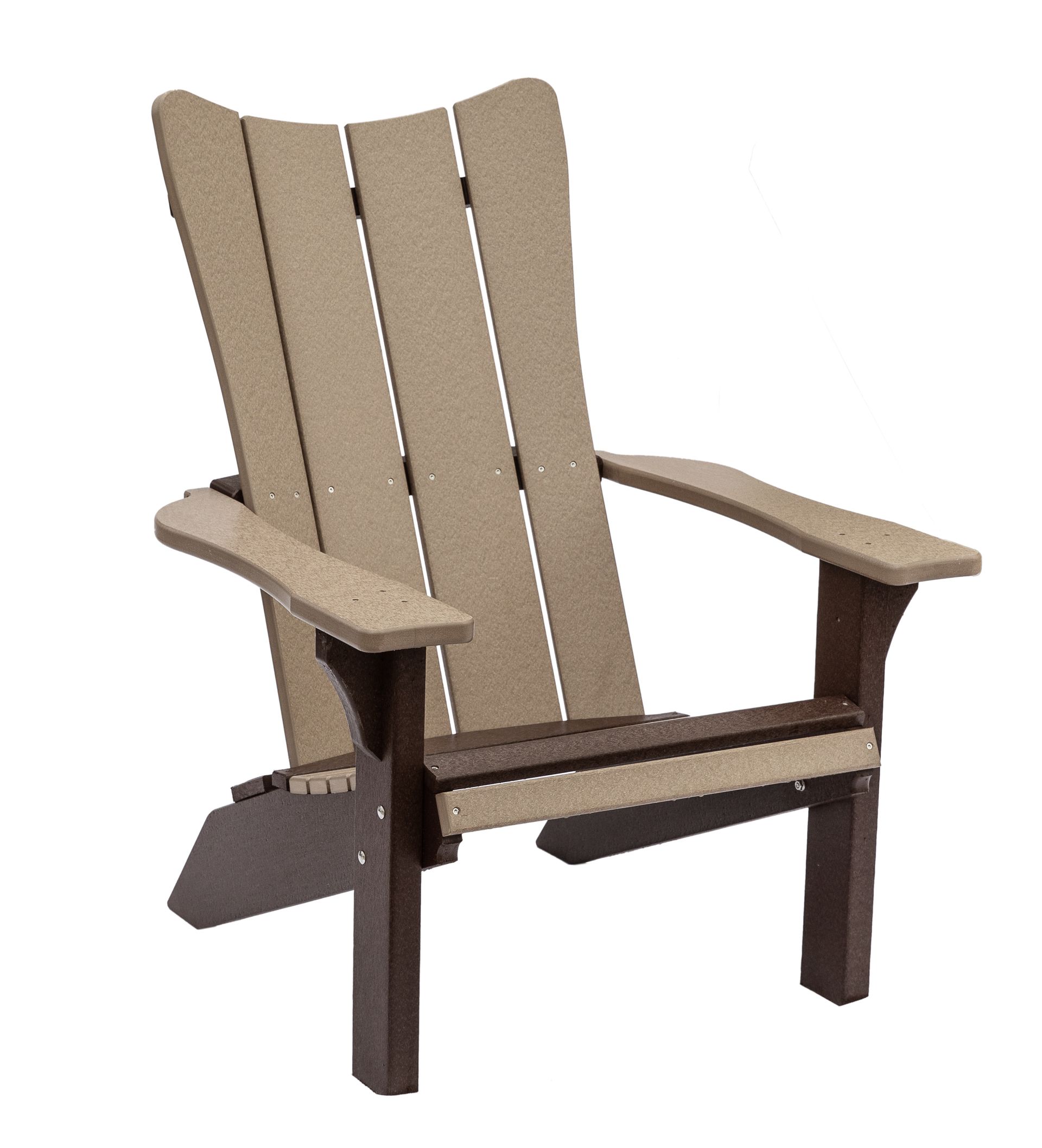 Bayside Adirondack chair in Weatherwood and Milwaukee Brown made from recycled plastic for outdoor seating.