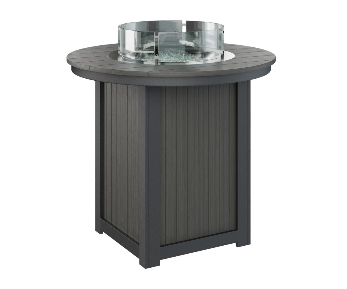 Donoma 44-inch round bar-height fire table designed for elevated outdoor entertaining.