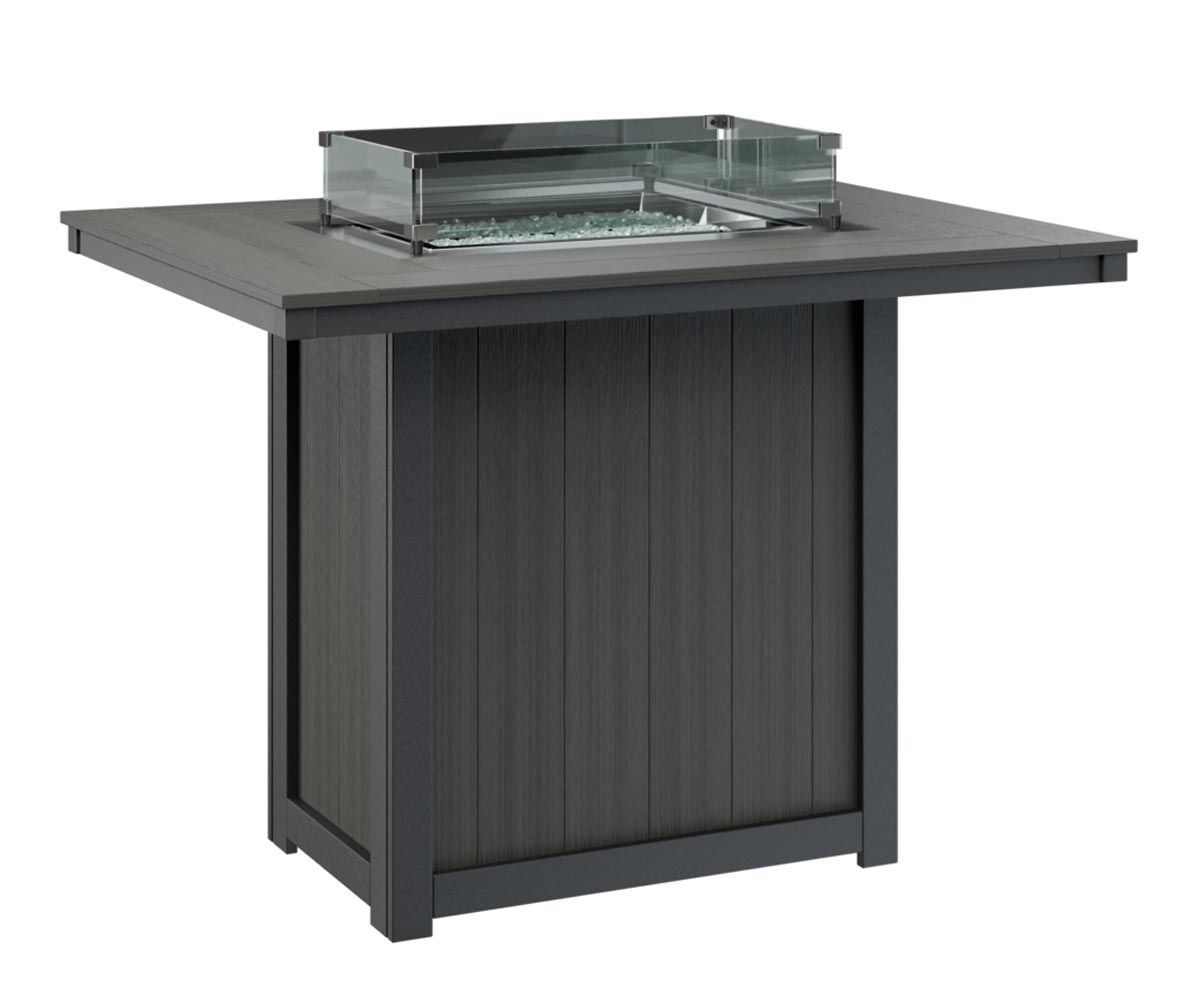 Donoma 42x54 rectangular bar-height fire table crafted from recycled plastic for outdoor entertaining.