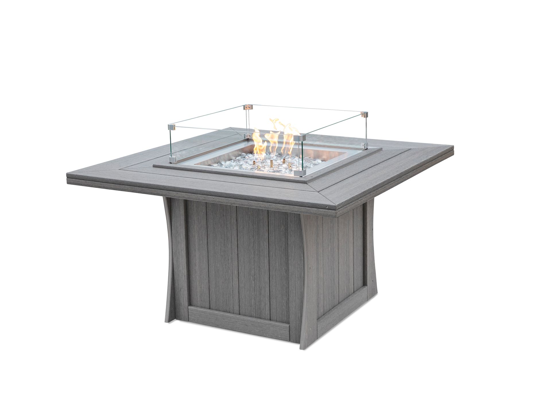 Leisure square-top chat-height fire table crafted from HDPE poly lumber for stylish patio seating.