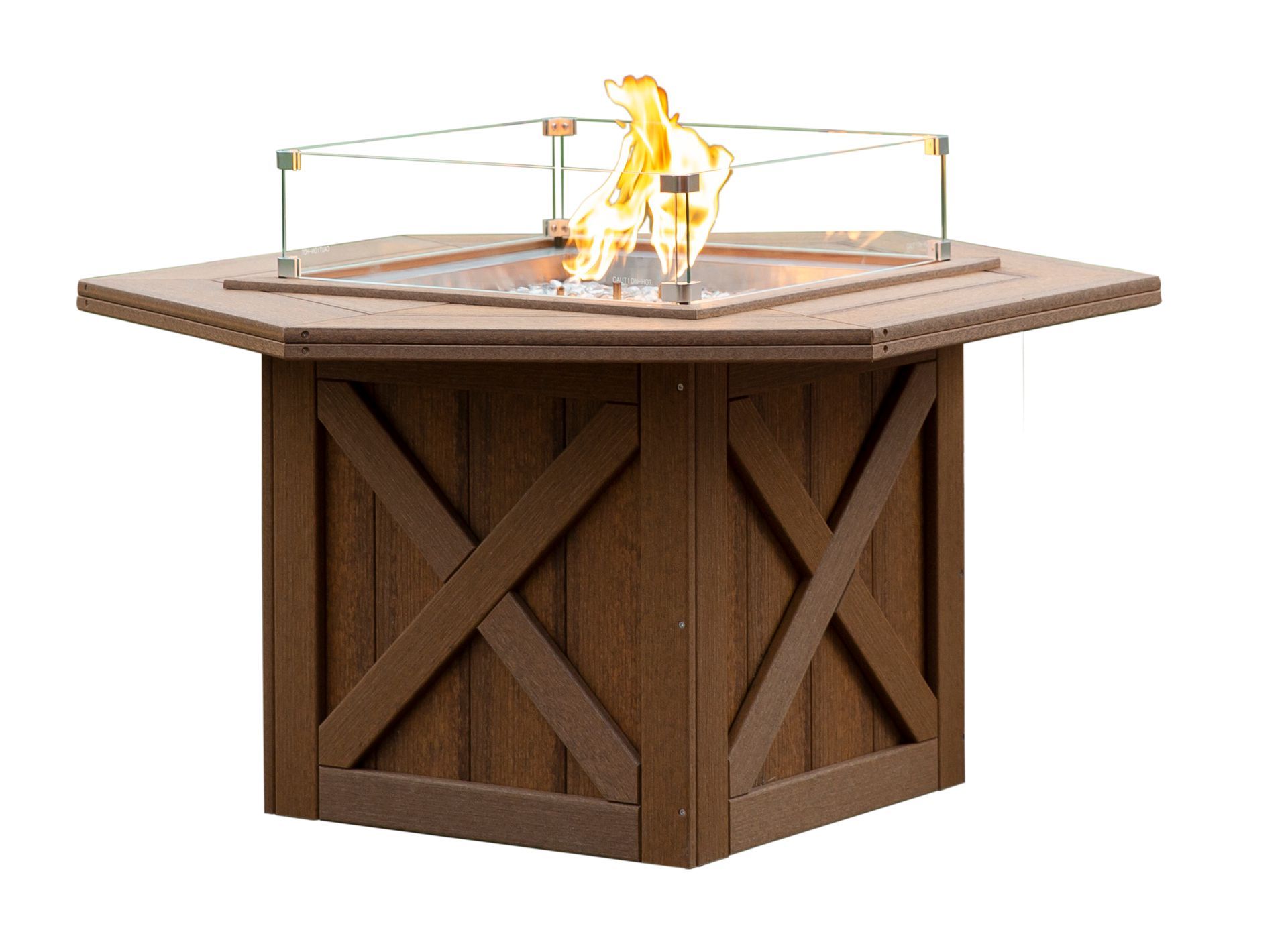 Leisure chat-height hexagon fire table made from durable recycled poly for relaxed outdoor gatherings.