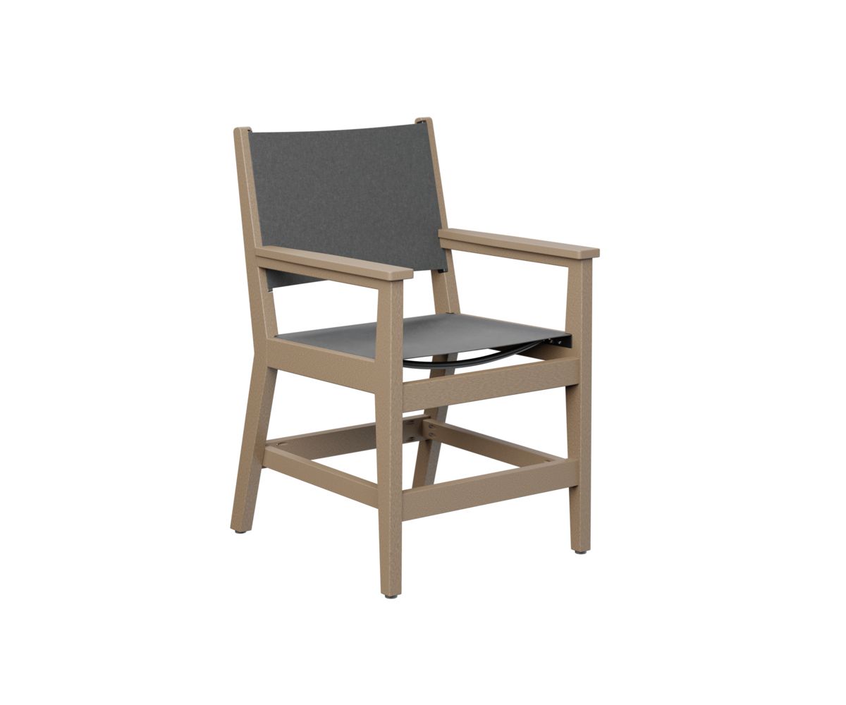 Mayhew Sling dining arm chair made from recycled plastic with durable outdoor sling seat.