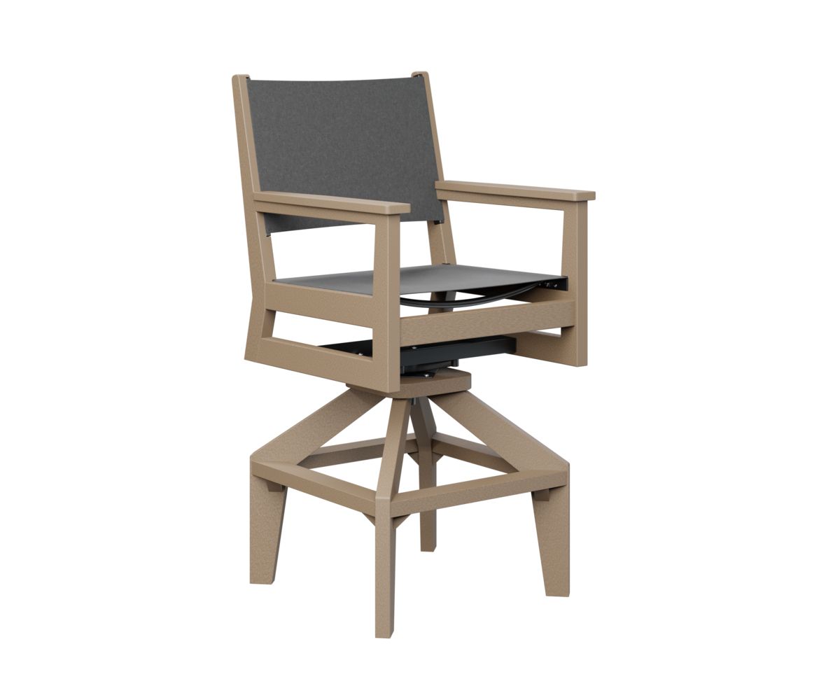 Mayhew Sling swivel bar chair made from recycled plastic for outdoor entertaining.