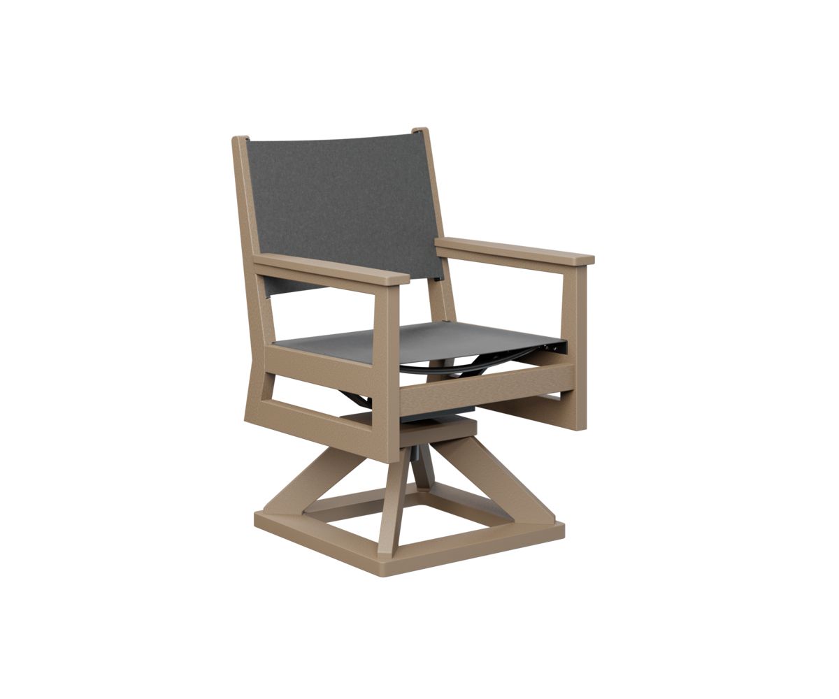 Mayhew Sling swivel rocker dining chair made from recycled plastic for outdoor comfort.