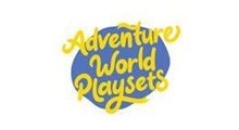 Adventure World Playsets logo: yellow text on a blue blob, white background.