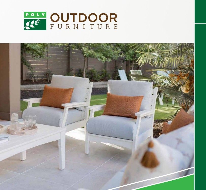White outdoor chairs with orange cushions on a patio in a furniture ad