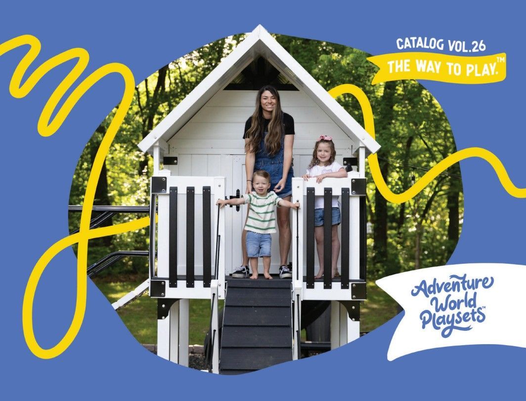 Family on white porch steps in yellow-framed cover image for the Adventure World Playsets catalog