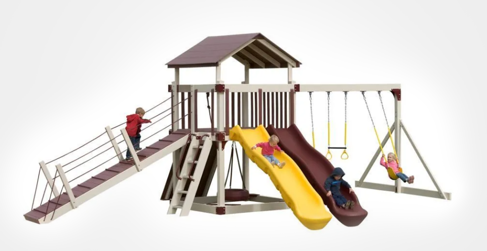 Playground with swings, slides, and rope bridge; children playing.