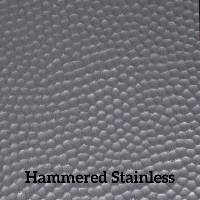 Hammered stainless steel sheet with a textured, dimpled surface.