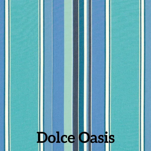 Vertical striped fabric in blue, teal, white, and gray, labeled