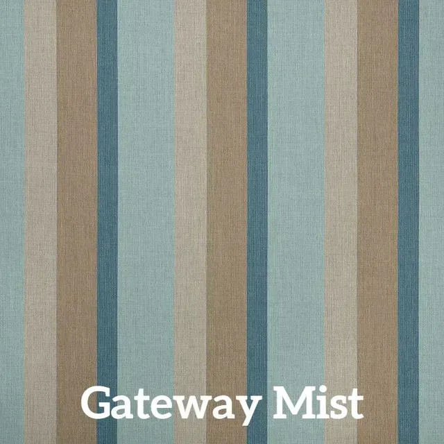 Fabric with vertical stripes in shades of blue, beige, and brown.