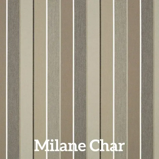 Vertical striped wallpaper in shades of beige, taupe, and gray, with thin white stripes.