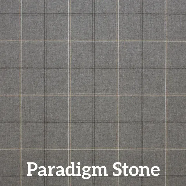 Gray fabric with a plaid pattern in gray, black, and beige; text reads